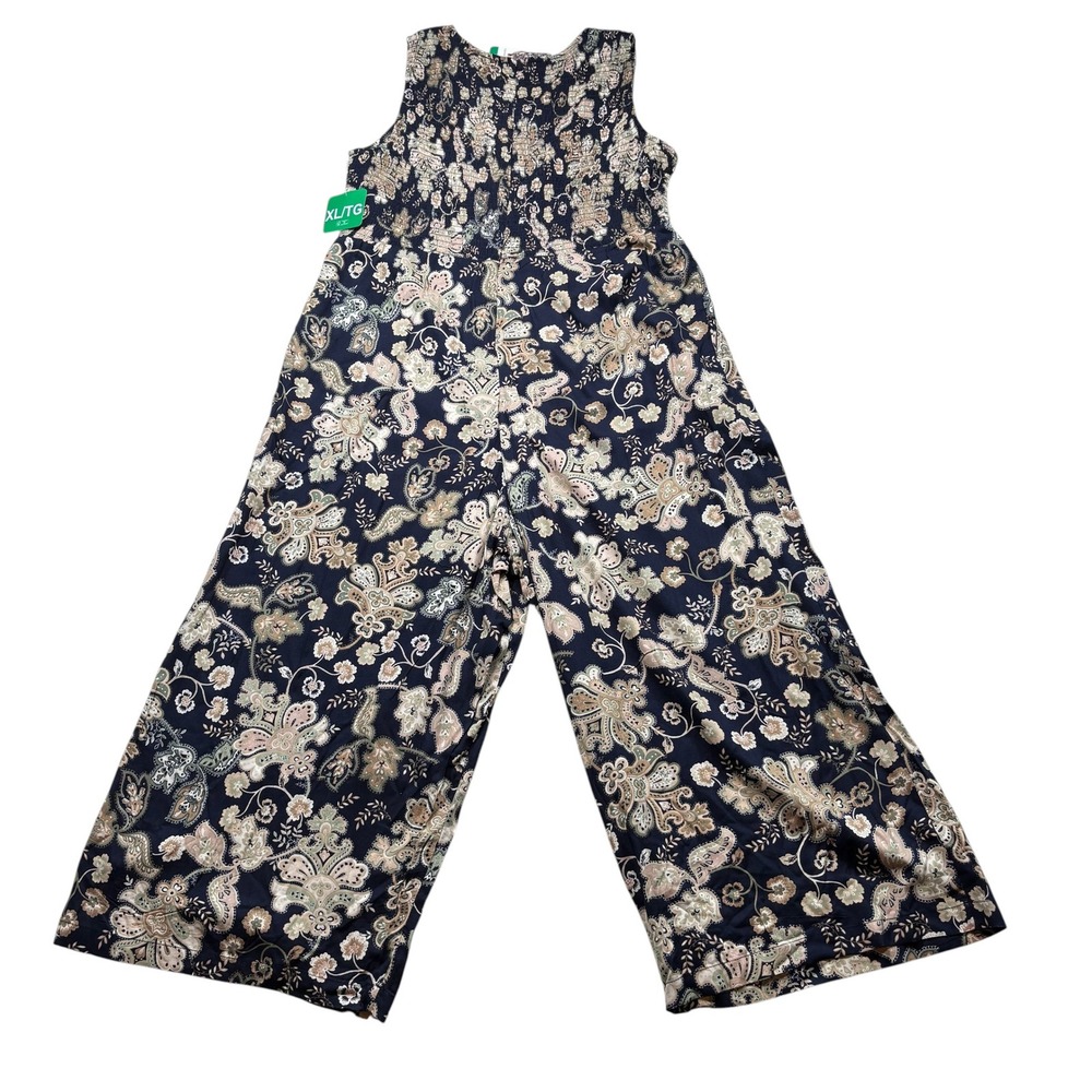 Andrew Marc  XL Navy Paisley Smocked Wide Leg Sleeveless Jumpsuit NWT #1018‎